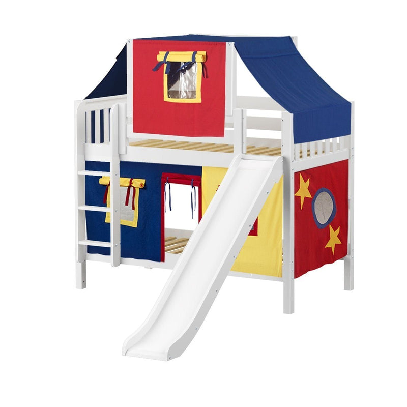 Maxtrix Twin Low Bunk Bed with Straight Ladder, Curtain, Top Tent + Slide