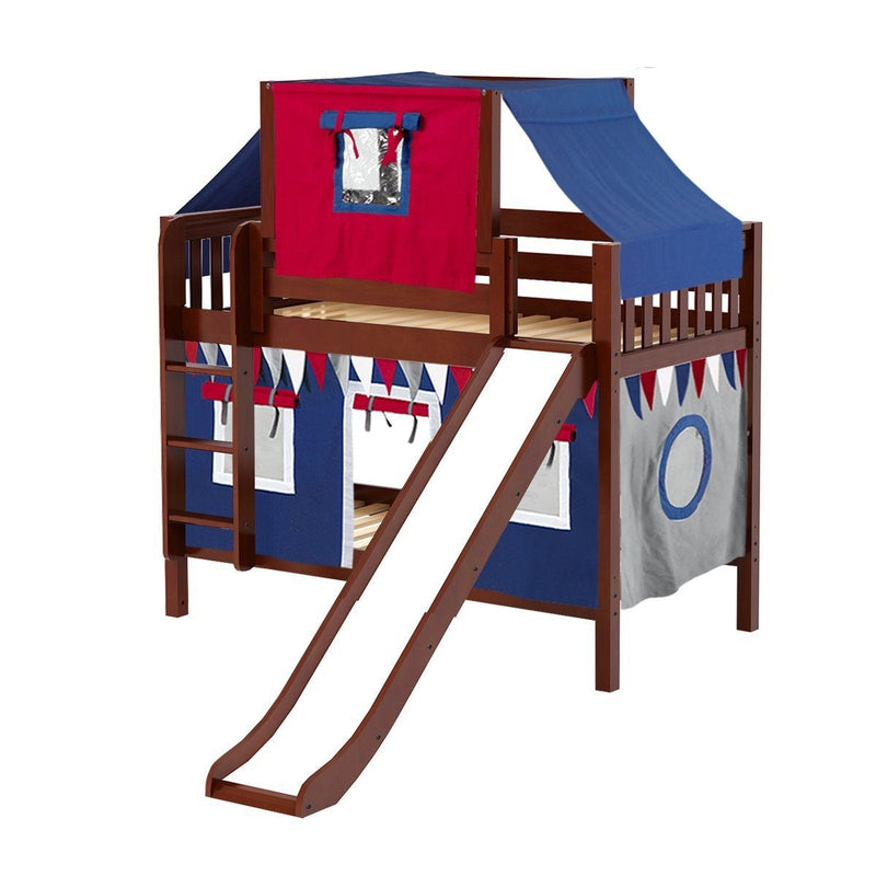 Maxtrix Twin Low Bunk Bed with Straight Ladder, Curtain, Top Tent + Slide
