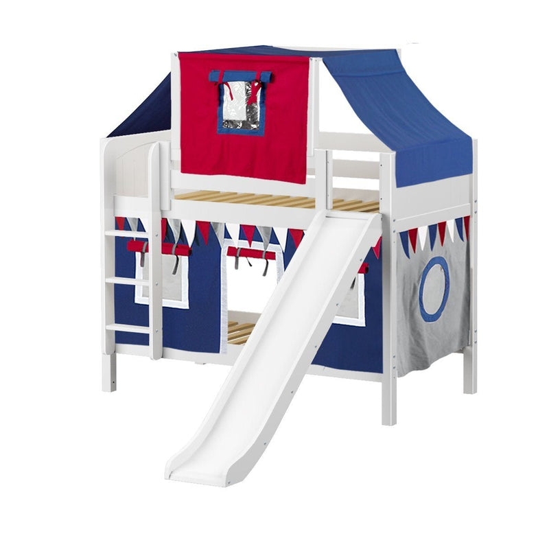 Maxtrix Twin Low Bunk Bed with Straight Ladder, Curtain, Top Tent + Slide