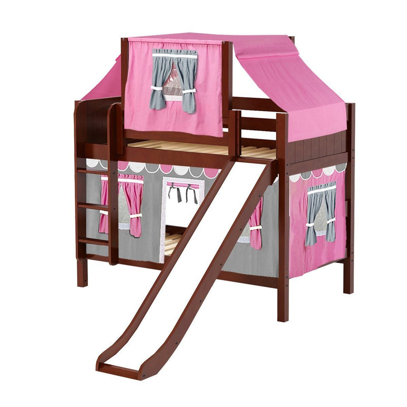Maxtrix Twin Low Bunk Bed with Straight Ladder, Curtain, Top Tent + Slide