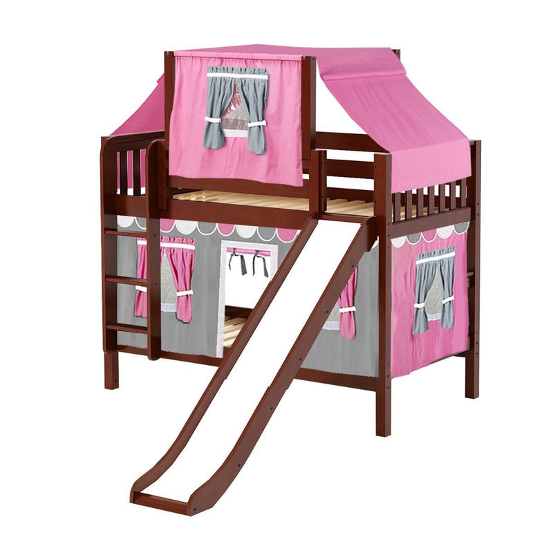 Maxtrix Twin Low Bunk Bed with Straight Ladder, Curtain, Top Tent + Slide