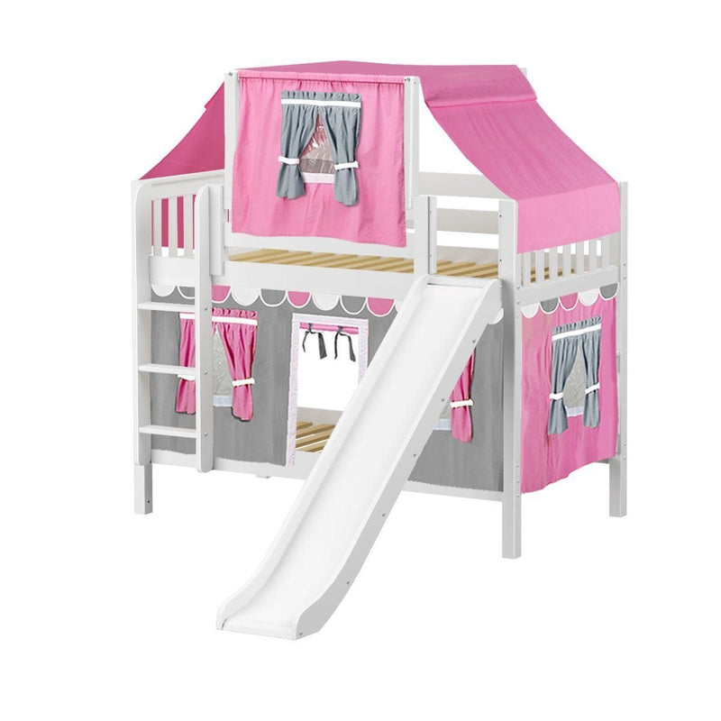 Maxtrix Twin Low Bunk Bed with Straight Ladder, Curtain, Top Tent + Slide