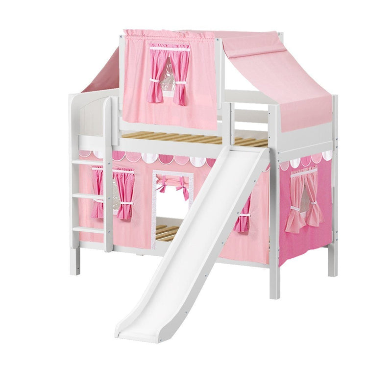 Maxtrix Twin Low Bunk Bed with Straight Ladder, Curtain, Top Tent + Slide