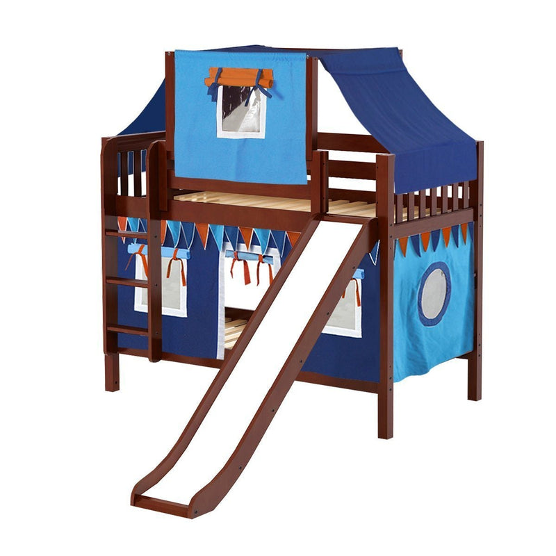 Maxtrix Twin Low Bunk Bed with Straight Ladder, Curtain, Top Tent + Slide