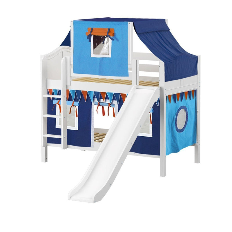 Maxtrix Twin Low Bunk Bed with Straight Ladder, Curtain, Top Tent + Slide