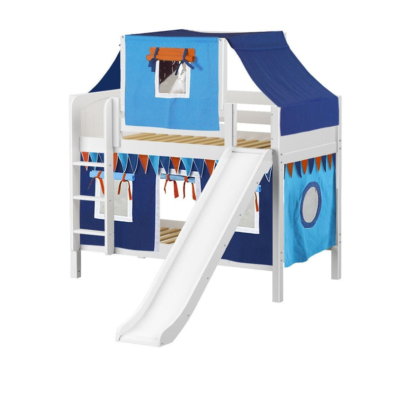 Maxtrix Twin Low Bunk Bed with Straight Ladder, Curtain, Top Tent + Slide