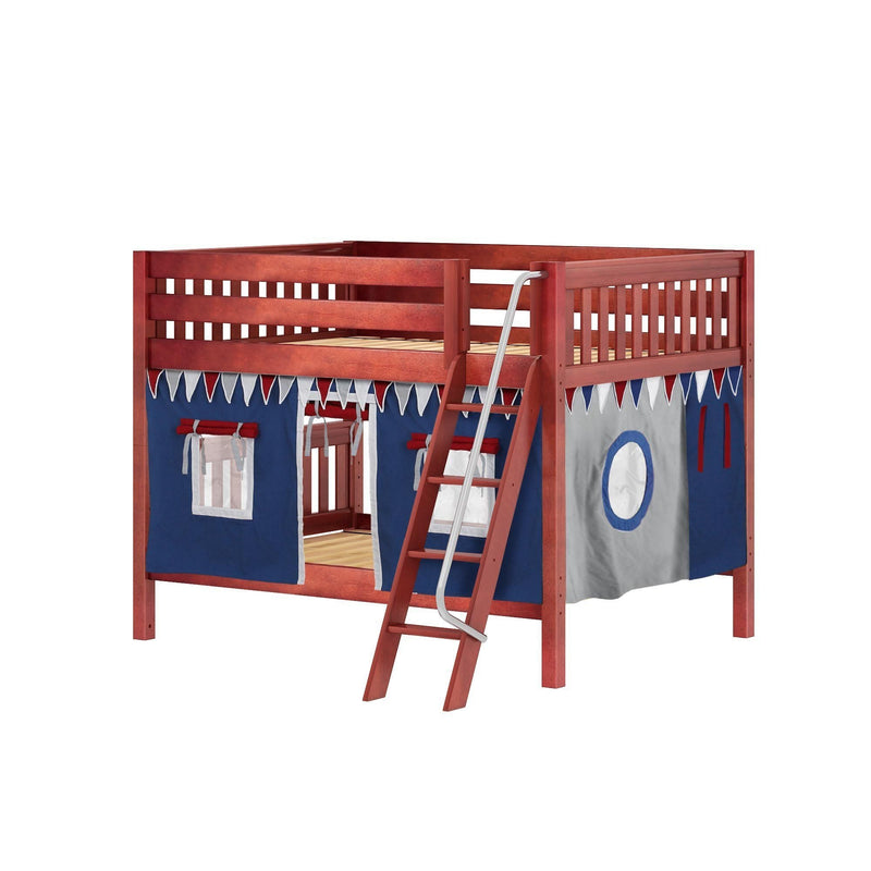 Maxtrix Full Low Bunk Bed with Angled Ladder + Curtain