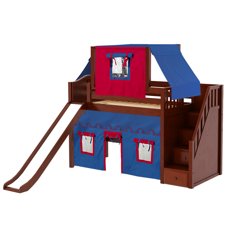 Maxtrix Twin Mid Loft Bed with Stairs, Curtain, Top Tent + Slide