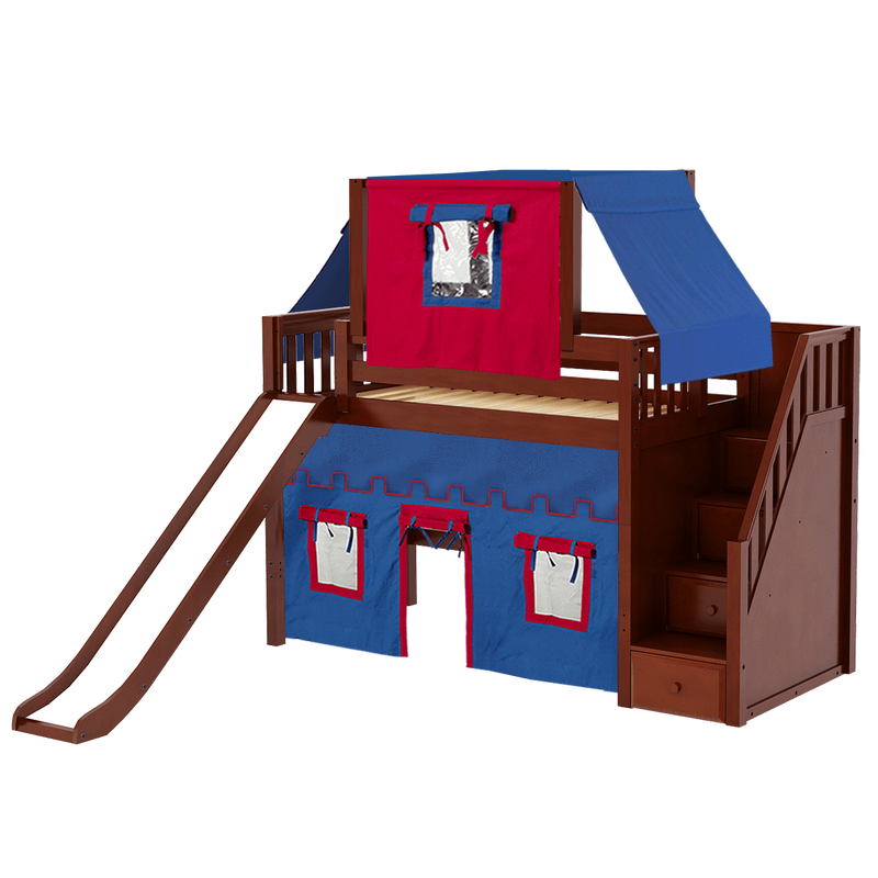 Maxtrix Twin Mid Loft Bed with Stairs, Curtain, Top Tent + Slide