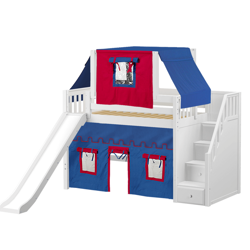 Maxtrix Twin Mid Loft Bed with Stairs, Curtain, Top Tent + Slide