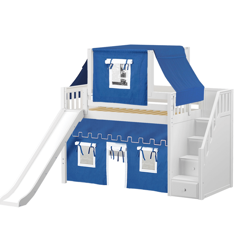 Maxtrix Twin Mid Loft Bed with Stairs, Curtain, Top Tent + Slide