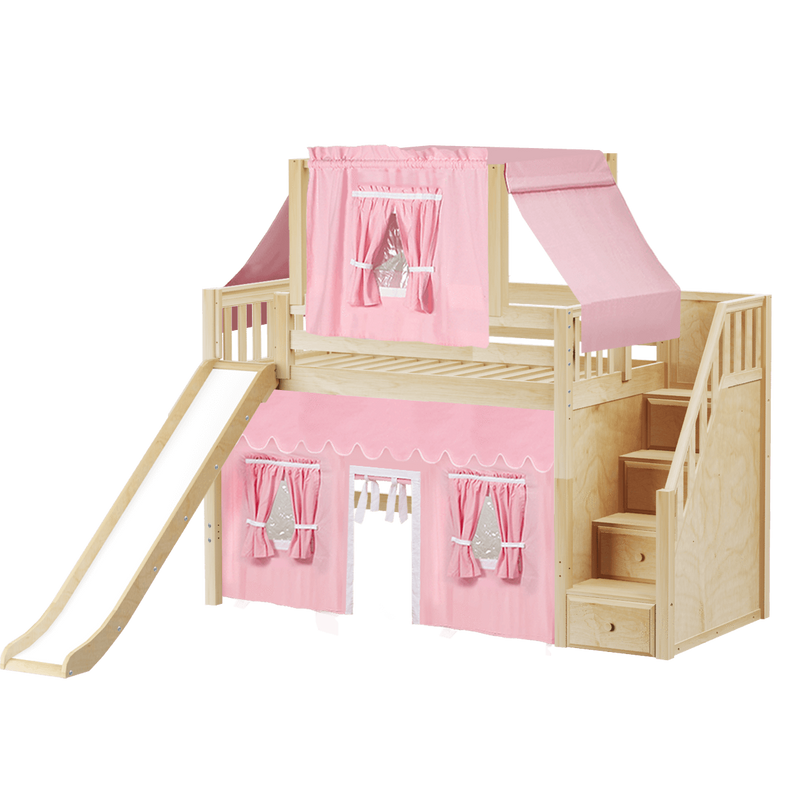 Maxtrix Twin Mid Loft Bed with Stairs, Curtain, Top Tent + Slide