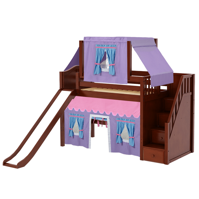Maxtrix Twin Mid Loft Bed with Stairs, Curtain, Top Tent + Slide
