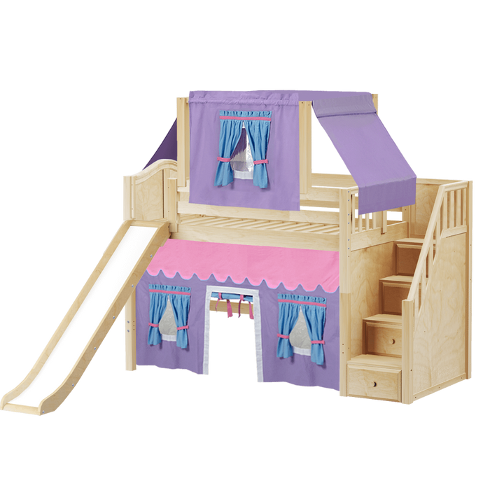 Maxtrix Twin Mid Loft Bed with Stairs, Curtain, Top Tent + Slide