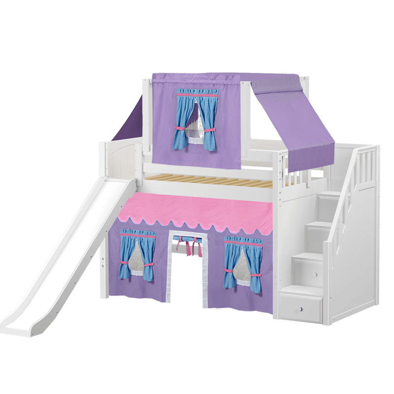 Maxtrix Twin Mid Loft Bed with Stairs, Curtain, Top Tent + Slide
