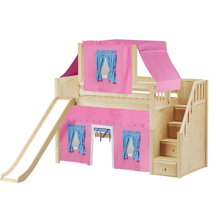 Maxtrix Twin Mid Loft Bed with Stairs, Curtain, Top Tent + Slide