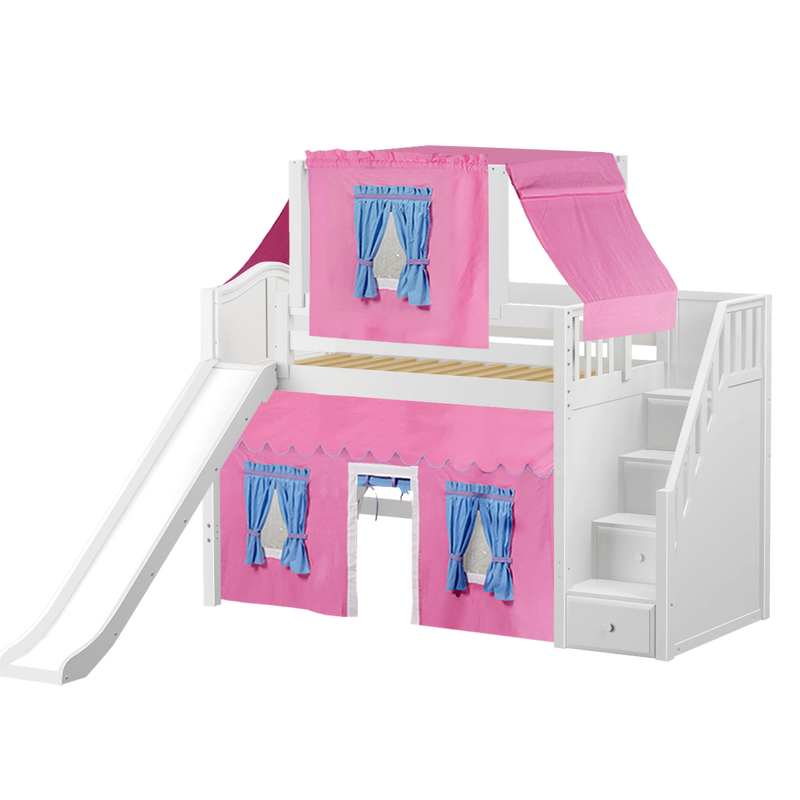 Maxtrix Twin Mid Loft Bed with Stairs, Curtain, Top Tent + Slide