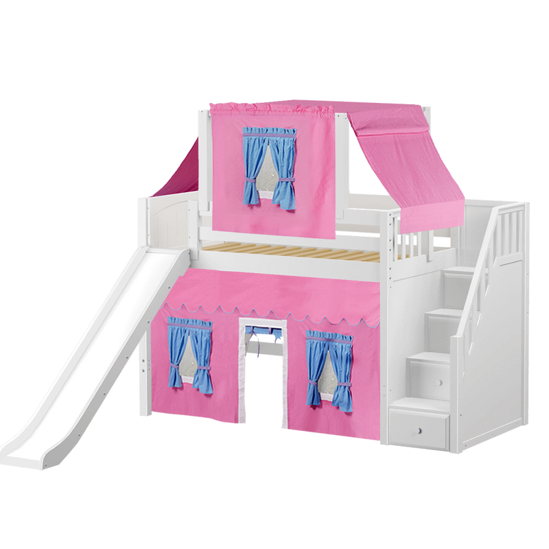 Maxtrix Twin Mid Loft Bed with Stairs, Curtain, Top Tent + Slide