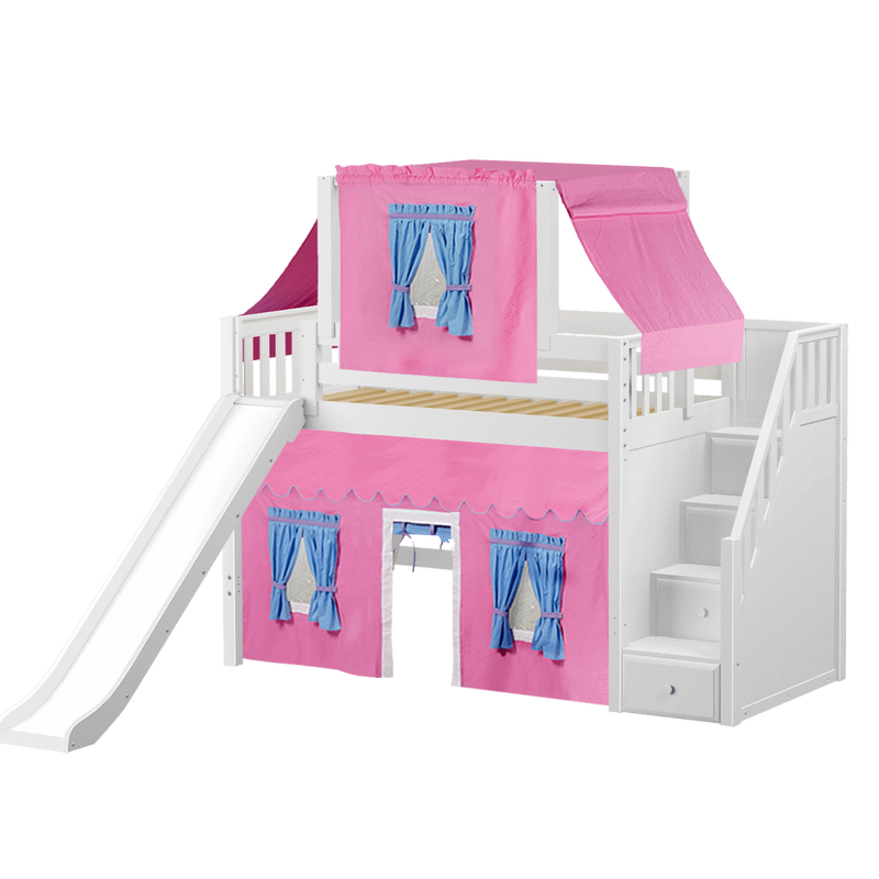 Maxtrix Twin Mid Loft Bed with Stairs, Curtain, Top Tent + Slide
