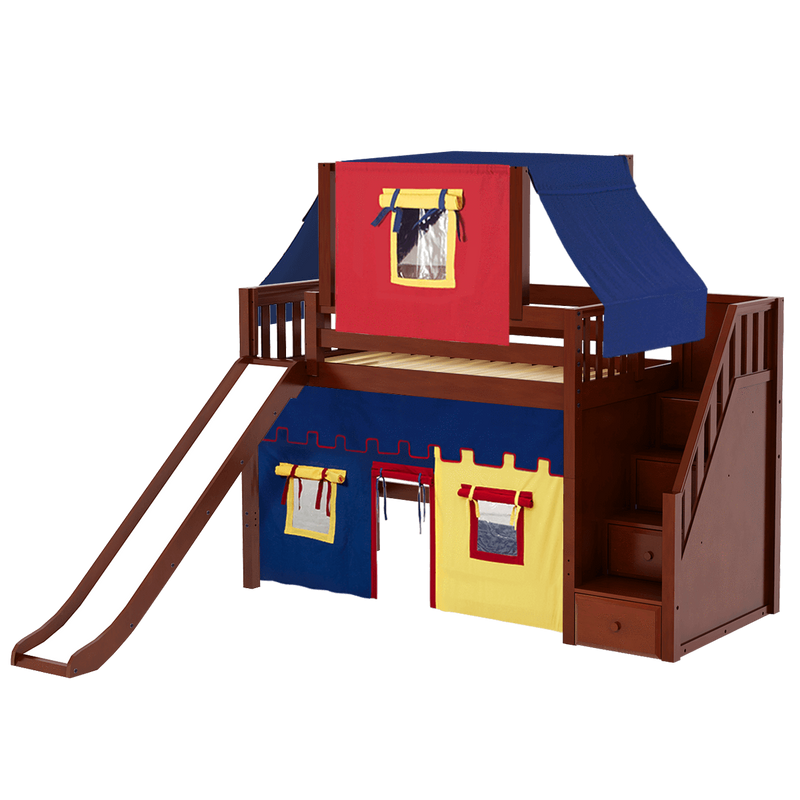 Maxtrix Twin Mid Loft Bed with Stairs, Curtain, Top Tent + Slide