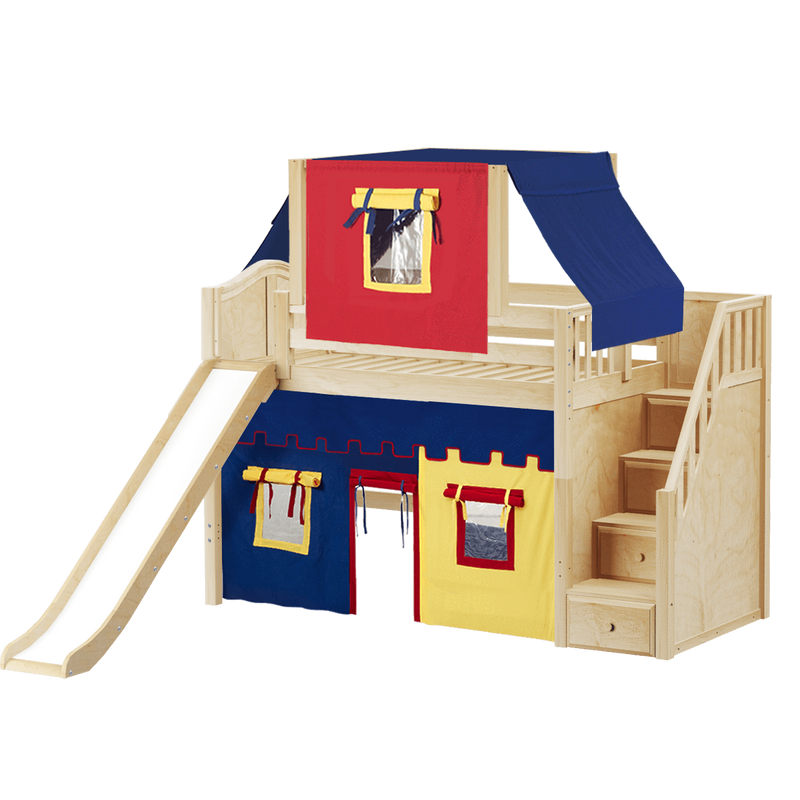 Maxtrix Twin Mid Loft Bed with Stairs, Curtain, Top Tent + Slide