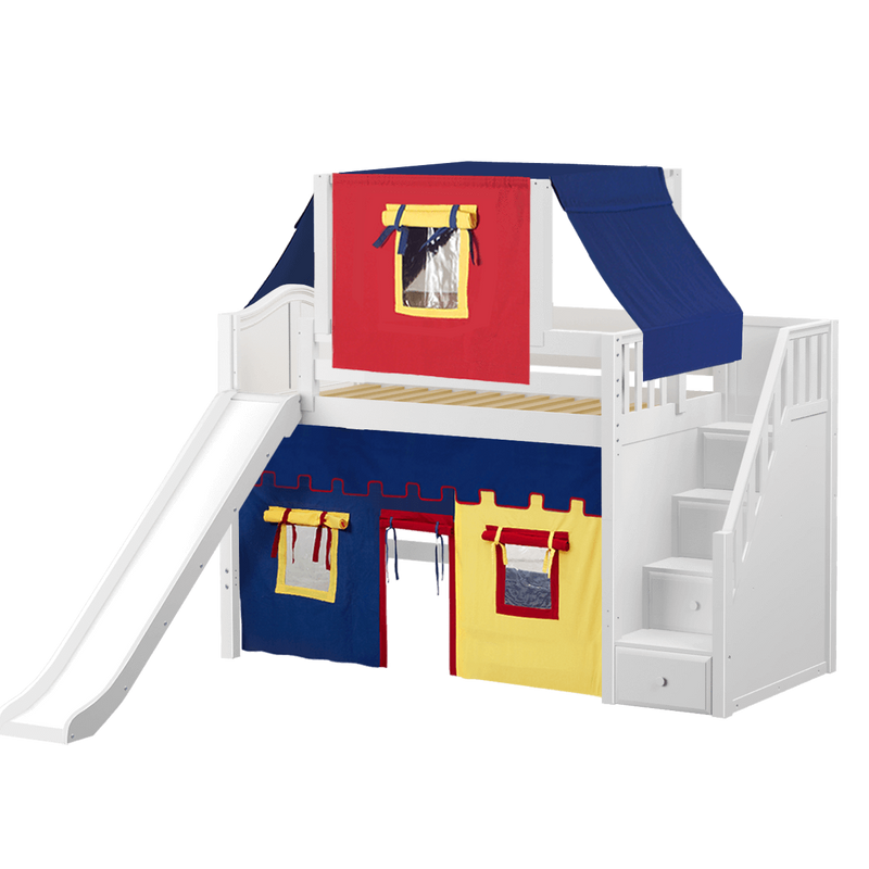 Maxtrix Twin Mid Loft Bed with Stairs, Curtain, Top Tent + Slide