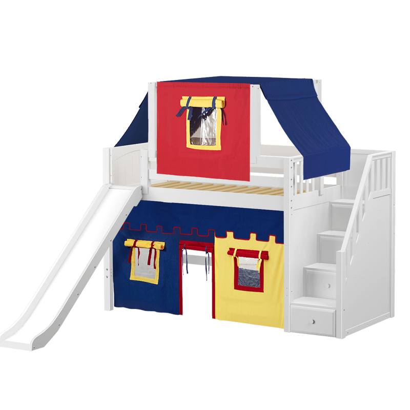 Maxtrix Twin Mid Loft Bed with Stairs, Curtain, Top Tent + Slide