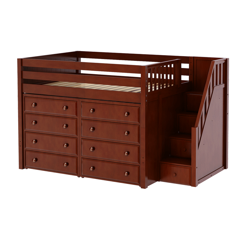 Maxtrix Full Mid Loft Bed with Stairs + Storage