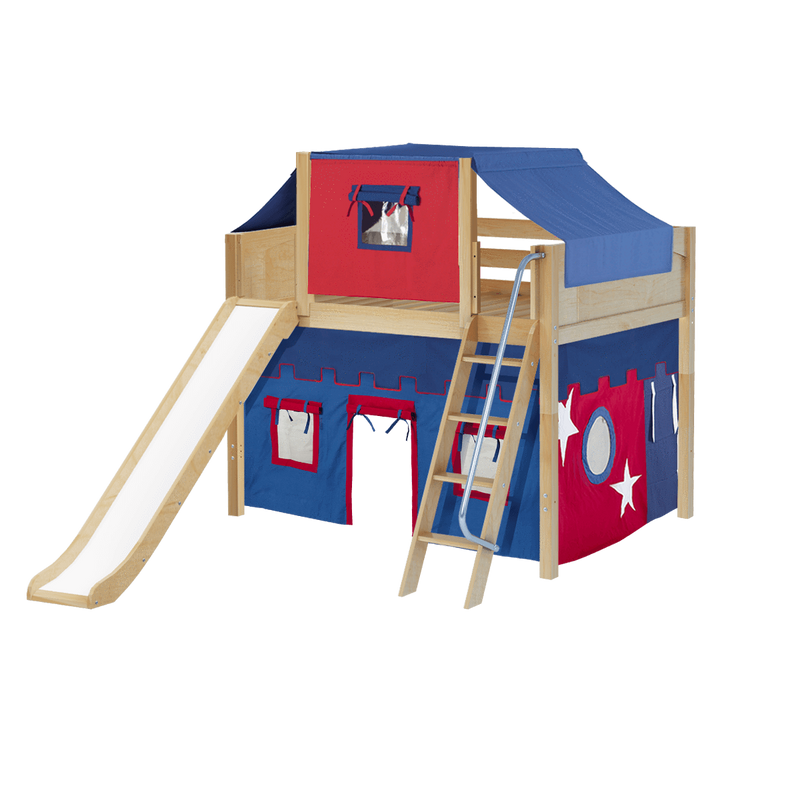 Maxtrix Full Mid Loft Bed with Angled Ladder, Curtain, Top Tent + Slide