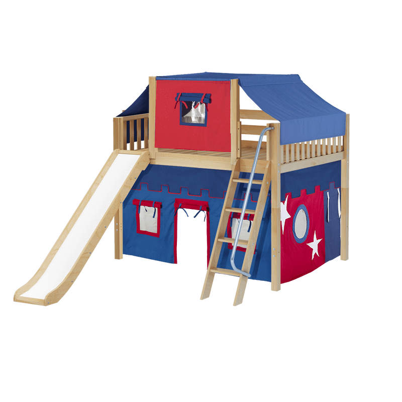 Maxtrix Full Mid Loft Bed with Angled Ladder, Curtain, Top Tent + Slide