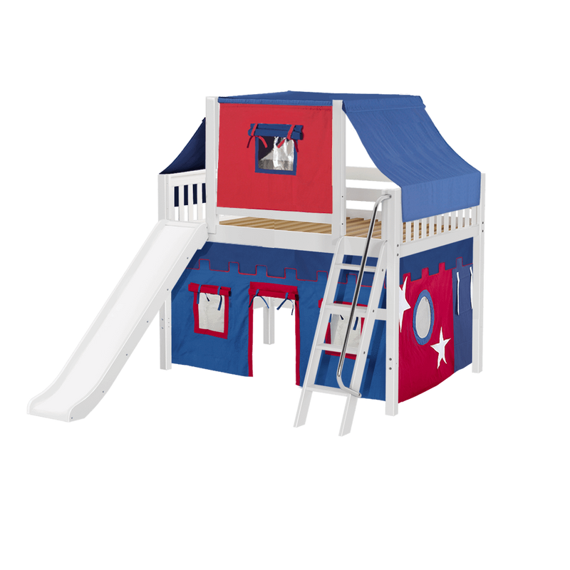 Maxtrix Full Mid Loft Bed with Angled Ladder, Curtain, Top Tent + Slide