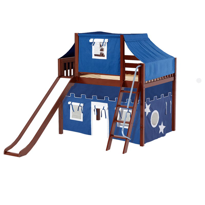 Maxtrix Full Mid Loft Bed with Angled Ladder, Curtain, Top Tent + Slide