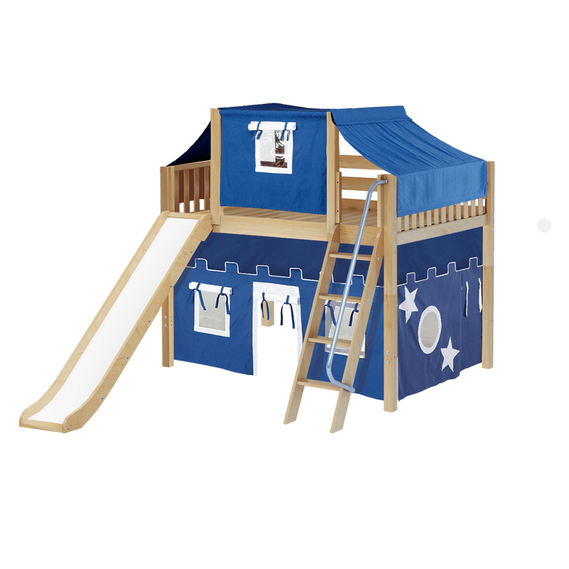 Maxtrix Full Mid Loft Bed with Angled Ladder, Curtain, Top Tent + Slide