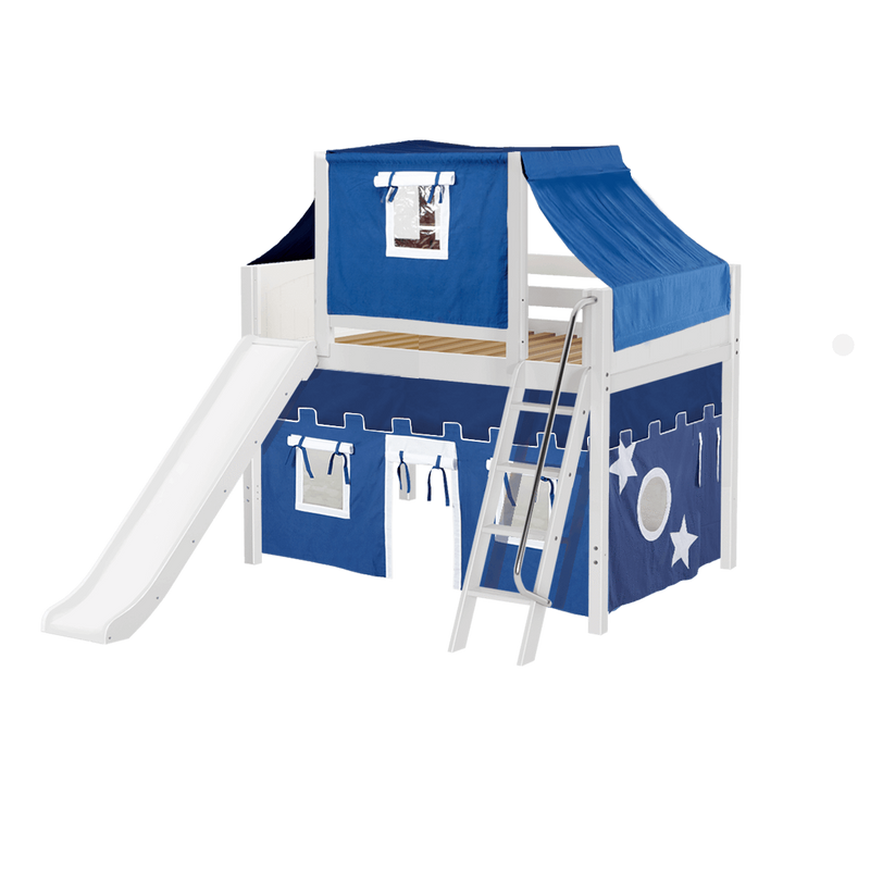 Maxtrix Full Mid Loft Bed with Angled Ladder, Curtain, Top Tent + Slide