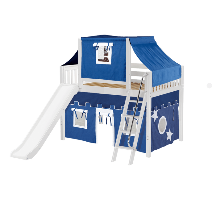 Maxtrix Full Mid Loft Bed with Angled Ladder, Curtain, Top Tent + Slide