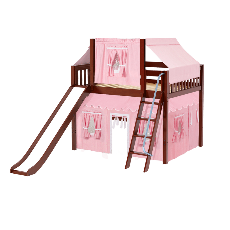 Maxtrix Full Mid Loft Bed with Angled Ladder, Curtain, Top Tent + Slide