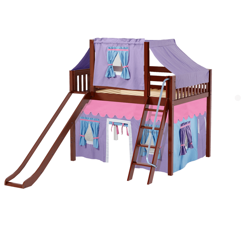 Maxtrix Full Mid Loft Bed with Angled Ladder, Curtain, Top Tent + Slide