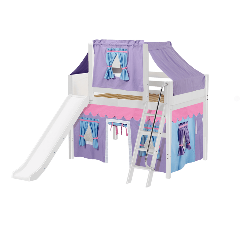 Maxtrix Full Mid Loft Bed with Angled Ladder, Curtain, Top Tent + Slide