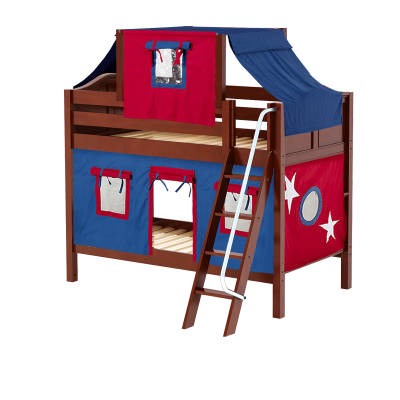 Maxtrix Twin Low Bunk Bed with Angled Ladder, Top Tent + Curtain