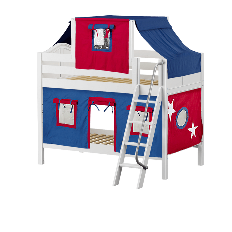 Maxtrix Twin Low Bunk Bed with Angled Ladder, Top Tent + Curtain