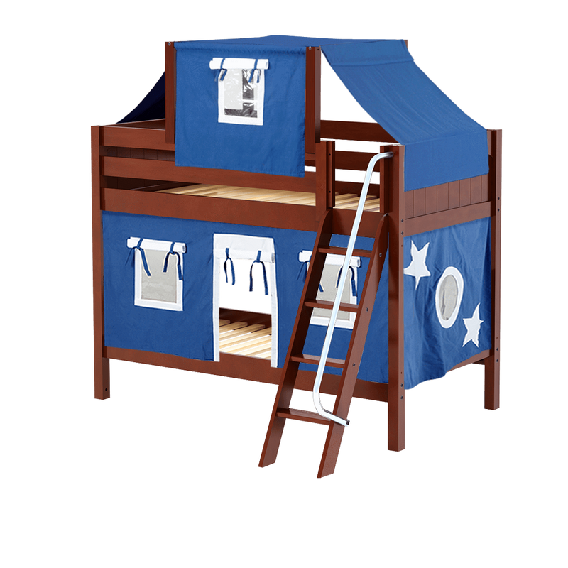 Maxtrix Twin Low Bunk Bed with Angled Ladder, Top Tent + Curtain
