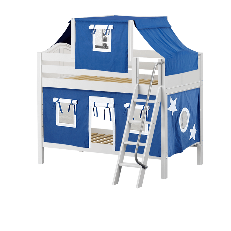 Maxtrix Twin Low Bunk Bed with Angled Ladder, Top Tent + Curtain