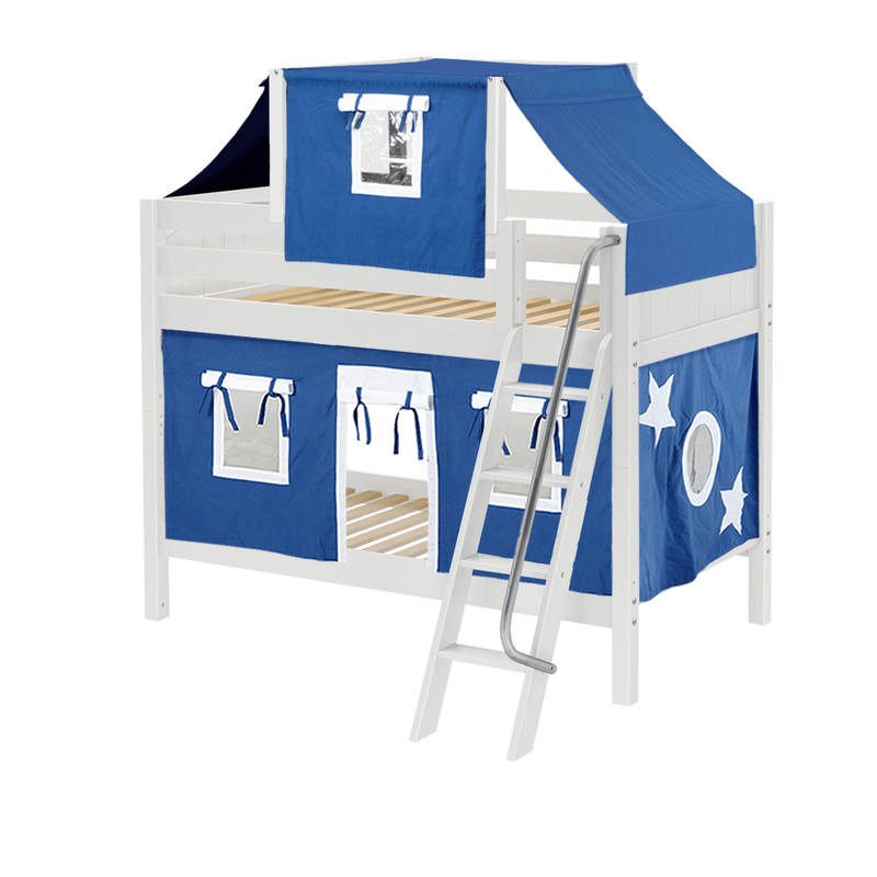 Maxtrix Twin Low Bunk Bed with Angled Ladder, Top Tent + Curtain