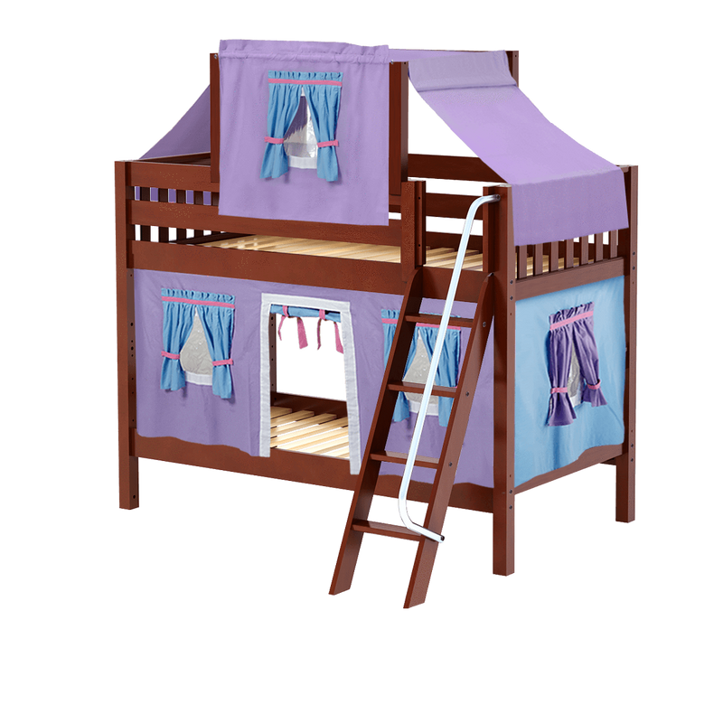 Maxtrix Twin Low Bunk Bed with Angled Ladder, Top Tent + Curtain