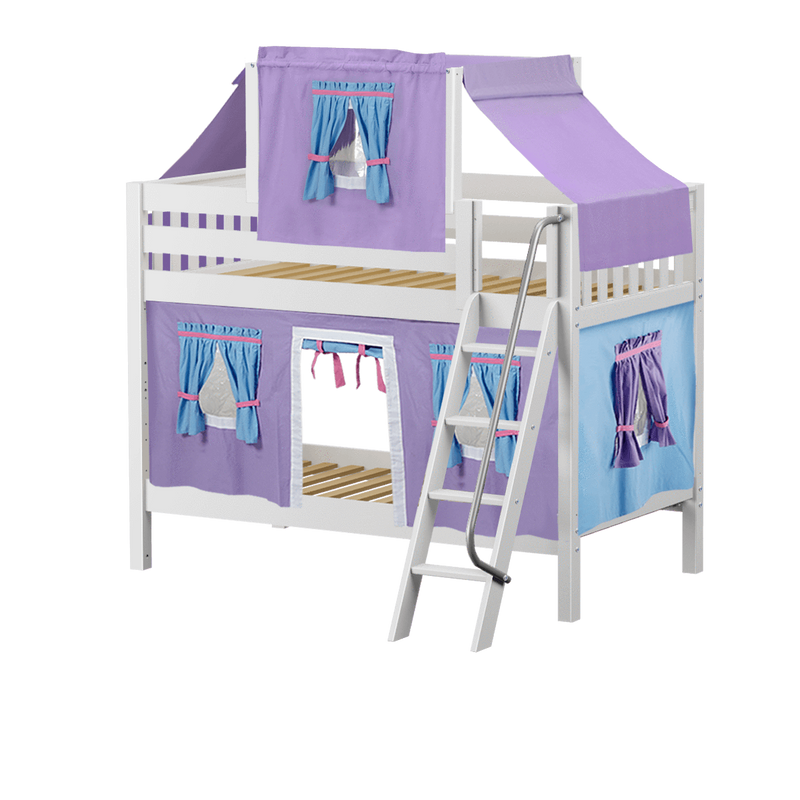 Maxtrix Twin Low Bunk Bed with Angled Ladder, Top Tent + Curtain
