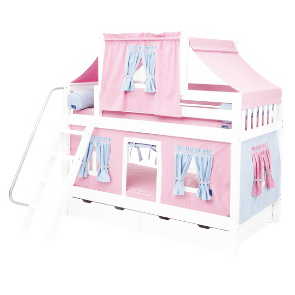 Maxtrix Twin Low Bunk Bed with Angled Ladder, Top Tent + Curtain