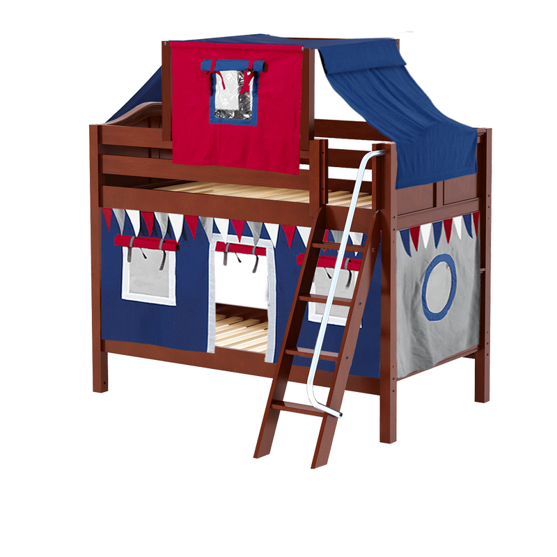 Maxtrix Twin Low Bunk Bed with Angled Ladder, Top Tent + Curtain