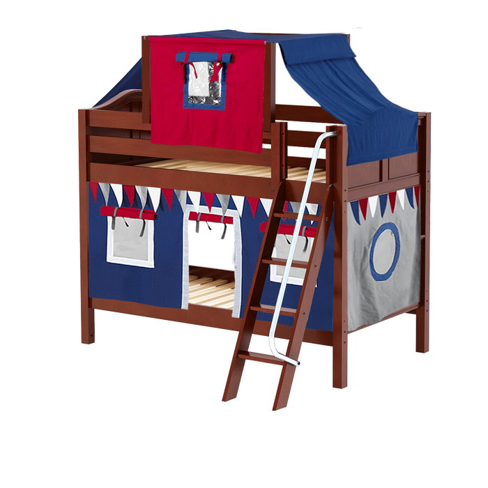 Maxtrix Twin Low Bunk Bed with Angled Ladder, Top Tent + Curtain