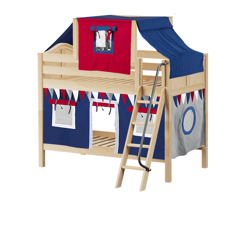Maxtrix Twin Low Bunk Bed with Angled Ladder, Top Tent + Curtain