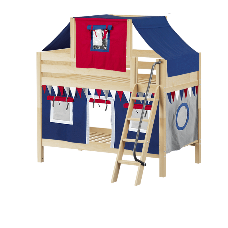 Maxtrix Twin Low Bunk Bed with Angled Ladder, Top Tent + Curtain